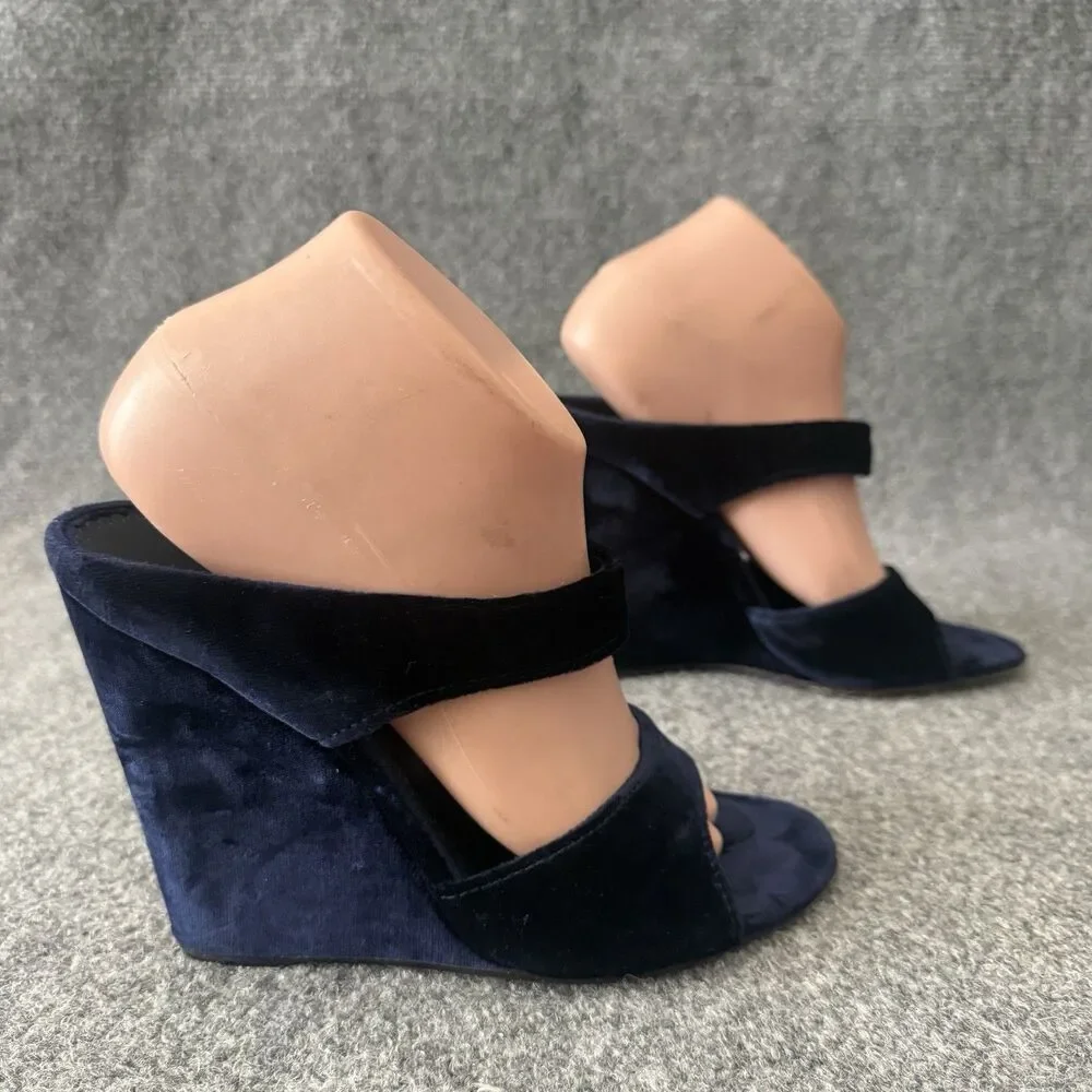 VTG Prada Navy Blue Velvet Wedge Slide Open Toe Mules Sandals Italy 39 Romantic